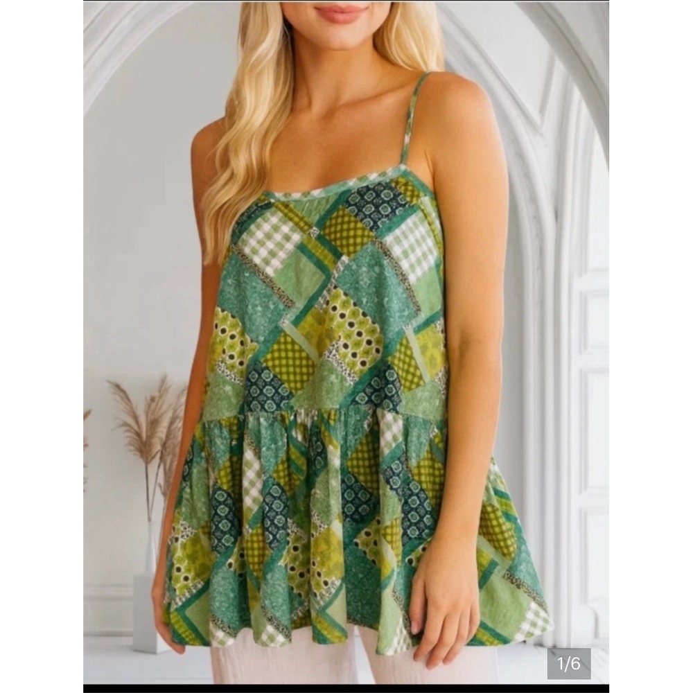 Natural Life Cami Top Women's Small Green Multi Patchwork Boho Tiered